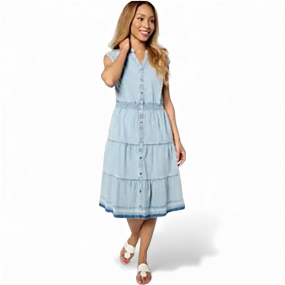 Denim & Co. Canyon Retreat Misty Blue chambray Smocked Waist tiered Denim Dress